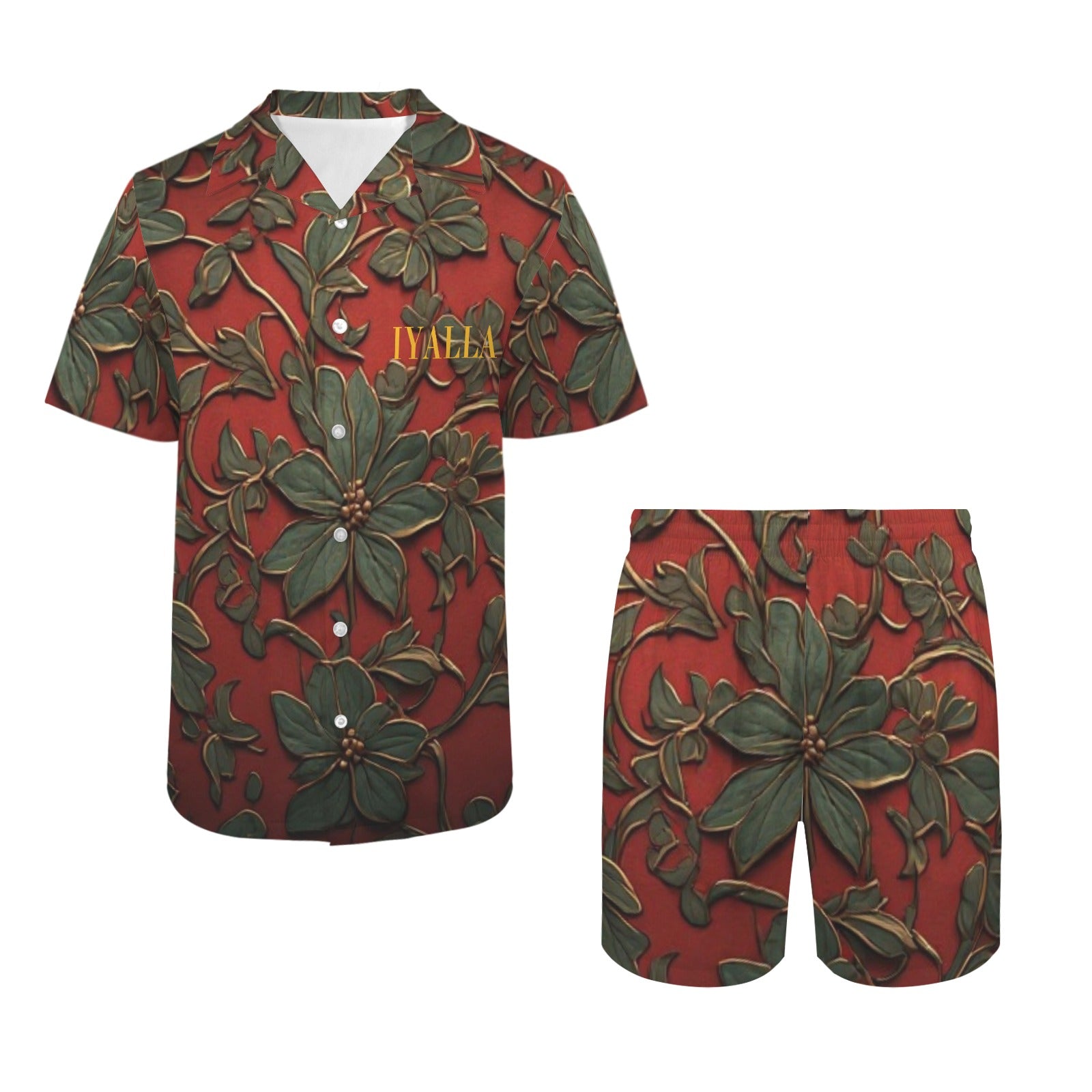 Men's Luxury Botanical Shirt & Shorts Set | Red & Green Floral Resort Outfit | Tropical Vacation Two Piece | Iyalla Designs
