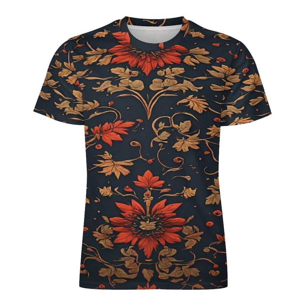 Men’s Floral Print T Shirt, Navy Red Gold Botanical Tee, Artistic Statement Shirt, Luxury Casual Fall Shirt for Men
