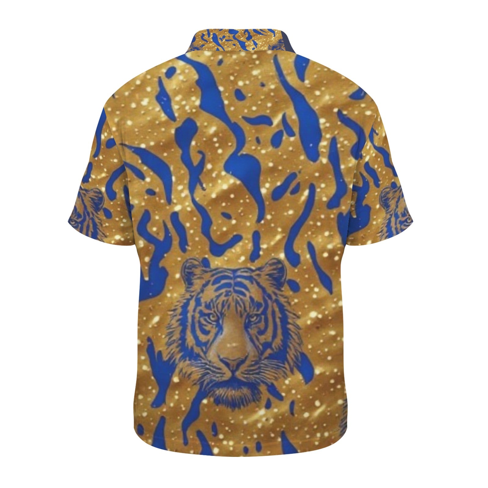 Men's Blue Gold Tiger Polo Shirt | Luxury African Print Golf Shirt | Regal Tiger Graphic Polo for Men | Casual Resort Wear | Statement Streetwear