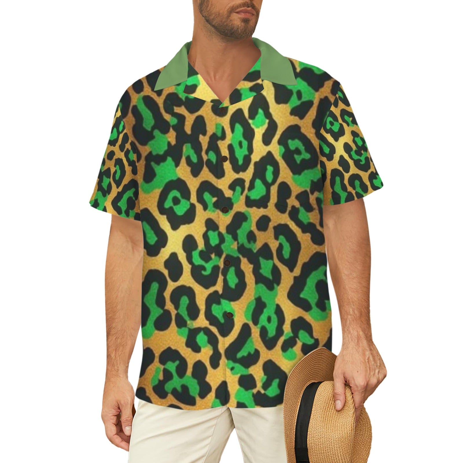 Men's Green Leopard Print Button Down Shirt | Luxury Animal Print Resort Shirt for Men | Tropical Vacation Shirt | Bold Casual Statement Wear