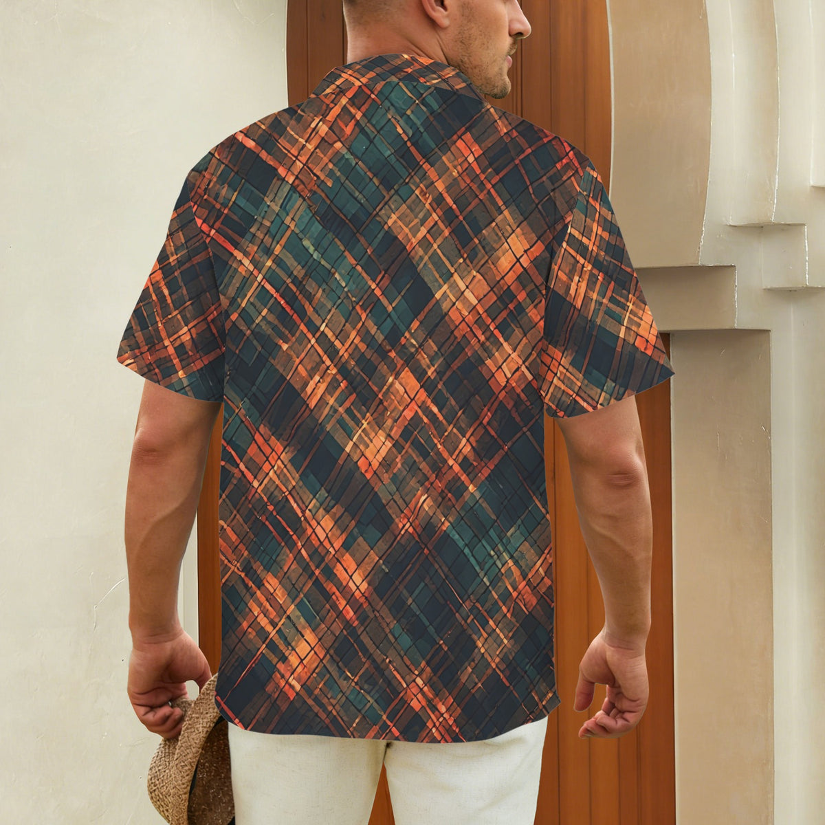 Men’s Abstract Print Button Up Shirt, Teal Burnt Orange Short Sleeve Shirt, Luxury Resort Shirt, Artistic Geometric Vacation Shirt for Men