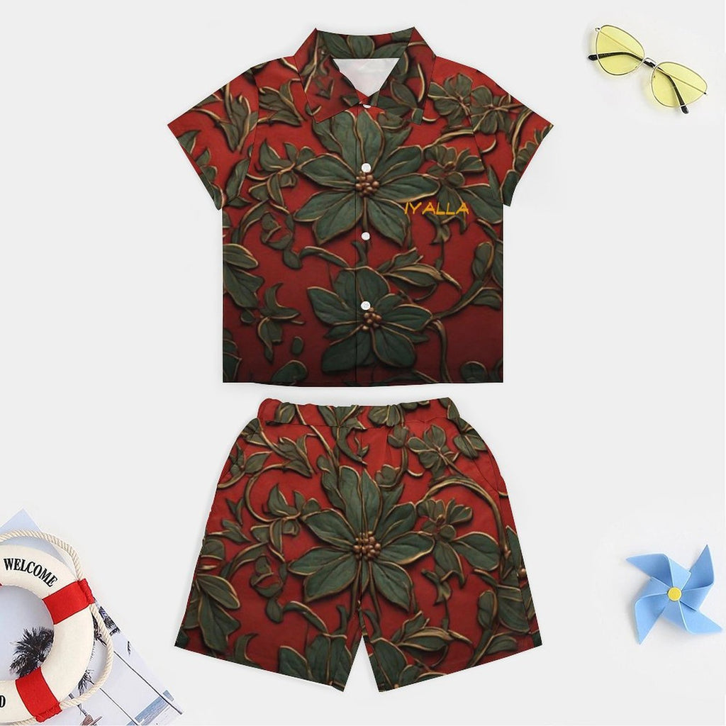 Boys Botanical Shirt & Shorts Set | Red & Green Floral Kids Resort Outfit | Matching Vacation Two Piece | Iyalla Designs
