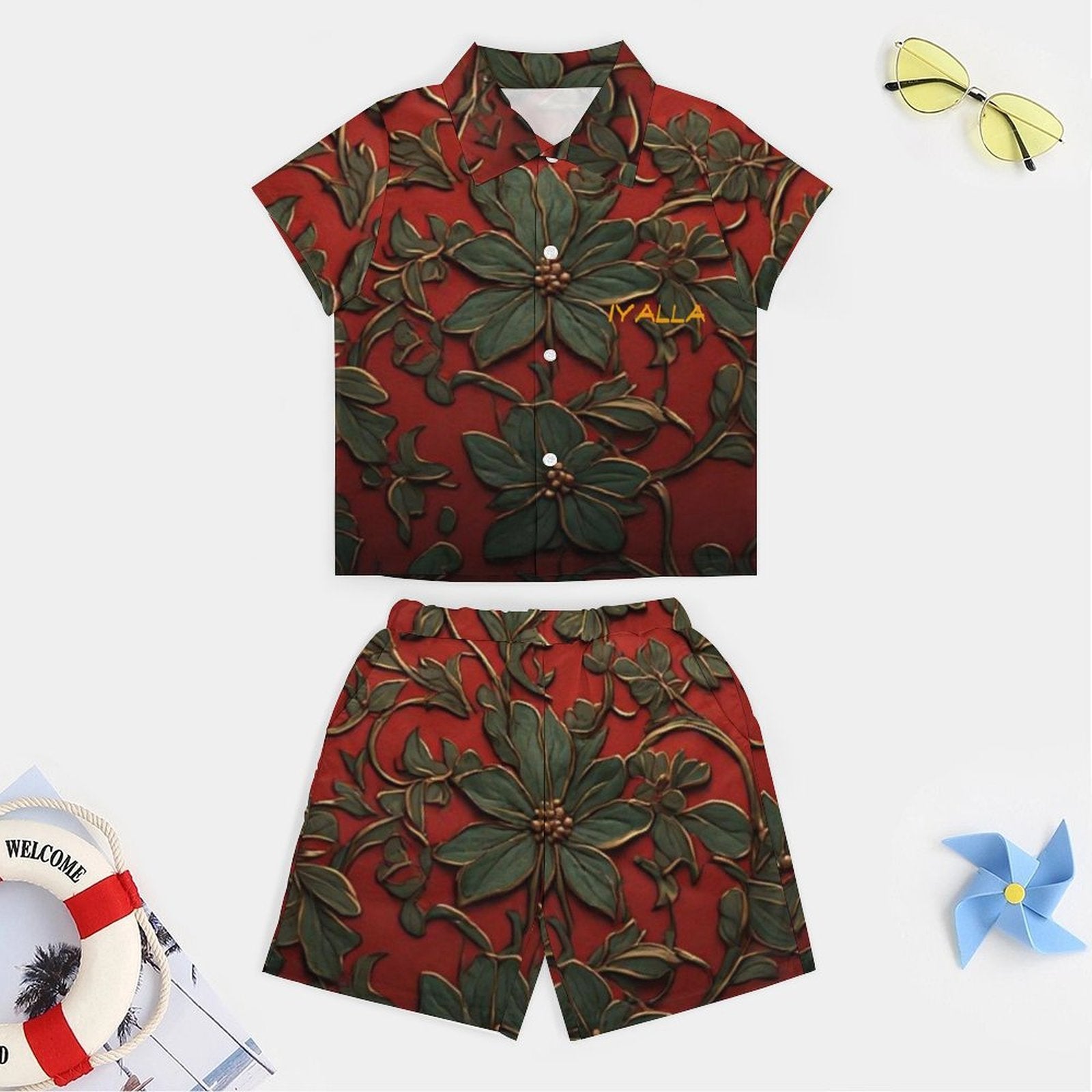 Boys Botanical Shirt & Shorts Set | Red & Green Floral Kids Resort Outfit | Matching Vacation Two Piece | Iyalla Designs