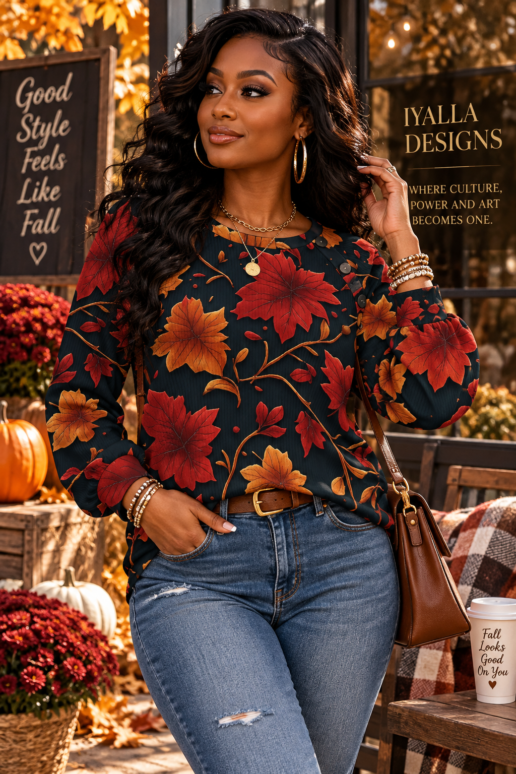 Women’s Fall Floral Blouse, Autumn Leaf Long Sleeve Top, Navy Rust Orange Shirt, Casual Boho Fall Top, Women’s Statement Blouse