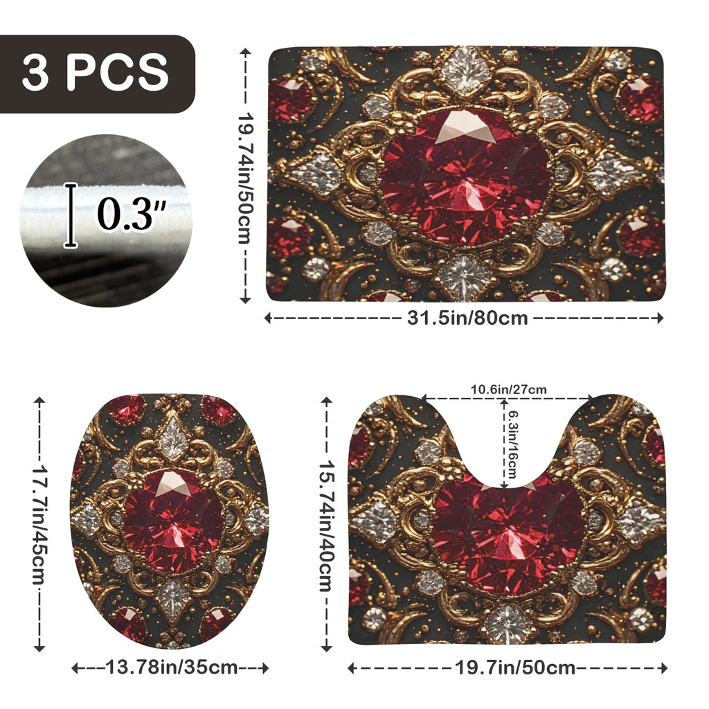Luxury Ruby Bathroom Mat Set | Gothic Glam Bath Rugs | Red Jewel Bathroom Decor | Black Gold Bath Mat Set | Baroque Bathroom Accessories
