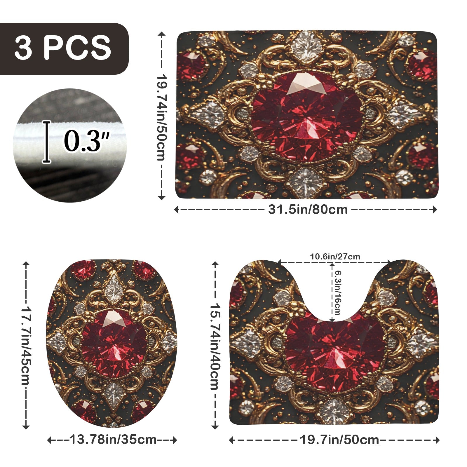 Luxury Ruby Bathroom Mat Set | Gothic Glam Bath Rugs | Red Jewel Bathroom Decor | Black Gold Bath Mat Set | Baroque Bathroom Accessories