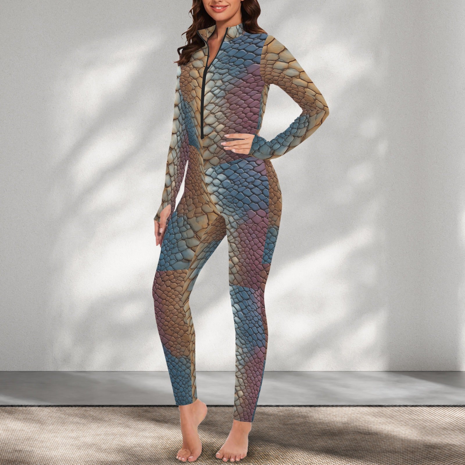 Luxury Snakeskin Catsuit | Women's Bodycon Jumpsuit | Gold & Blue One Piece | Long Sleeve Statement Outfit | Resort Evening Wear | Designer Fashion