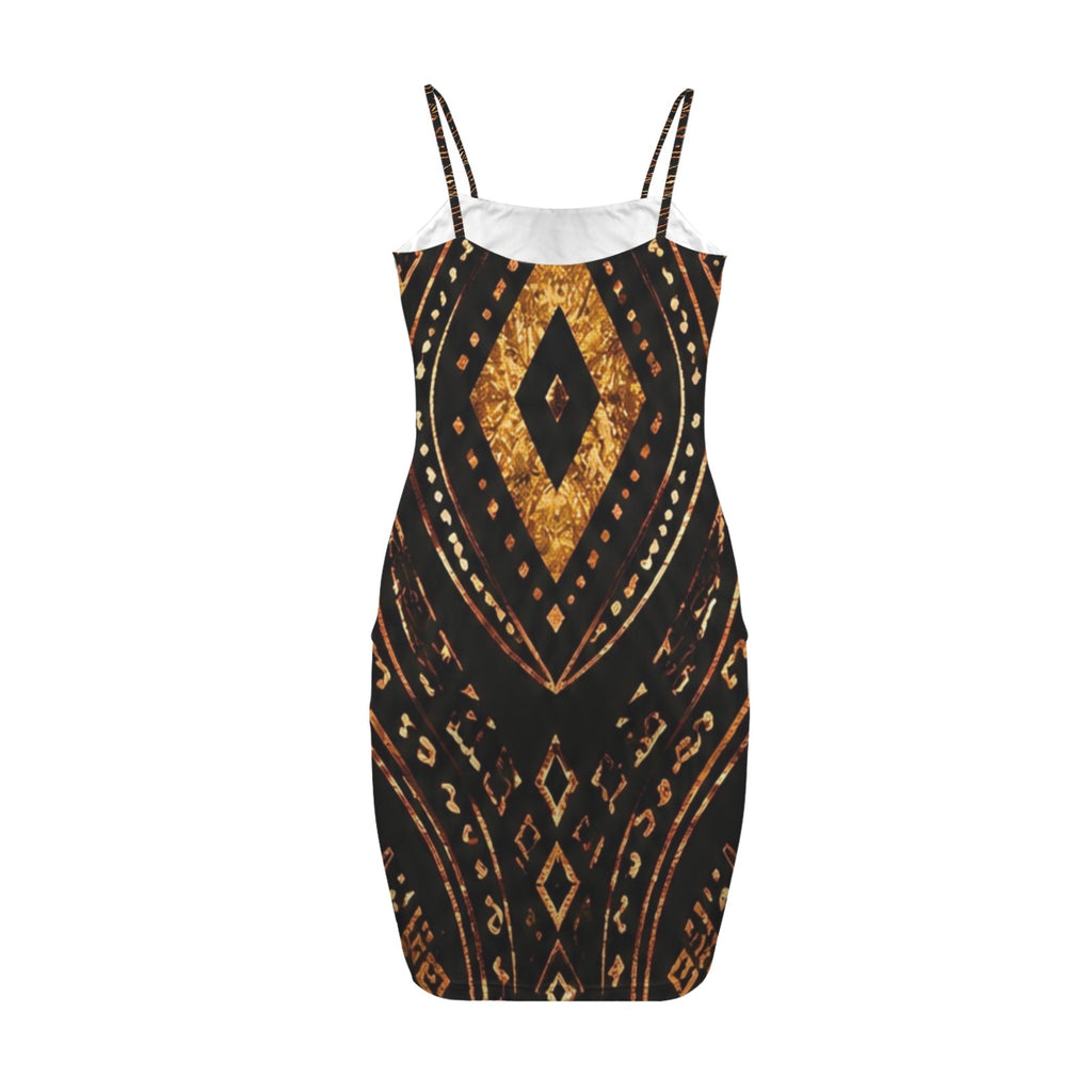 Makeda Black Gold Mini Dress | African Print Bodycon Dress | Women’s Luxury Geometric Cocktail Dress | Date Night Statement Dress