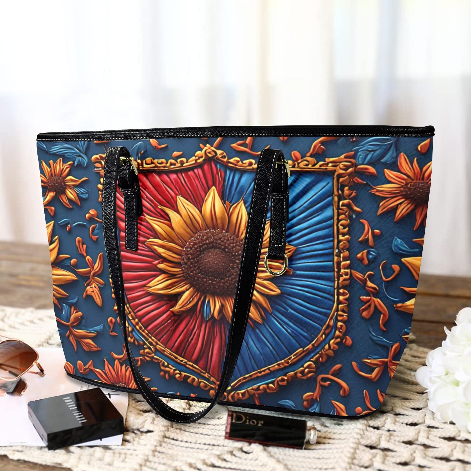 Sunflower Tote Bag, Floral Shoulder Bag, Blue Gold Boho Tote Purse, Large Everyday Carryall, Gift for Her, Cottagecore Bag