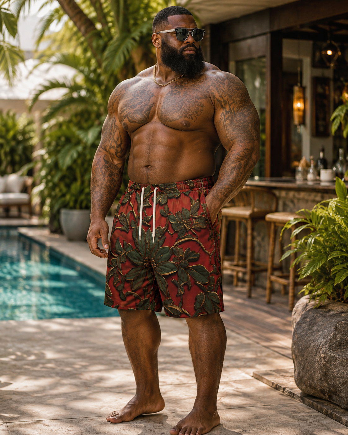 Men's Plus Size Botanical Swim Shorts | Red & Green Floral Board Shorts | Big & Tall Resort Beachwear | Iyalla Designs