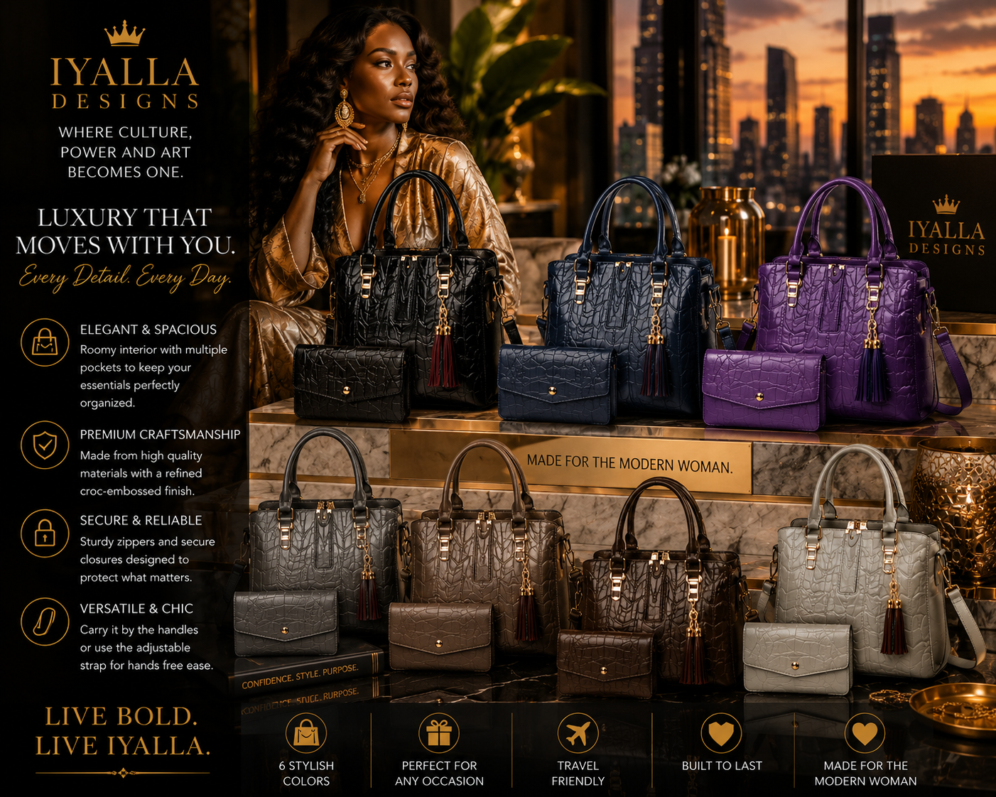 Womens Fashion Crocodile-Print Set Of Two Handbag And Crossbody Bag