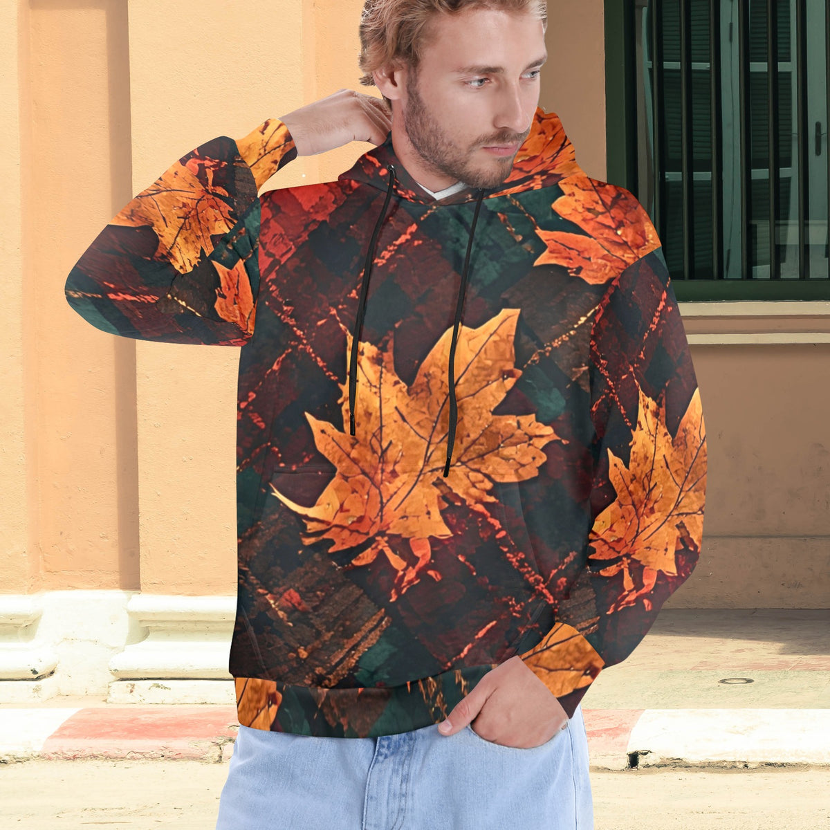 Men’s Fall Leaf Hoodie, Autumn Print Pullover Sweatshirt, Dark Green Orange Hoodie, Artistic Fall Streetwear, Men’s Statement Hoodie