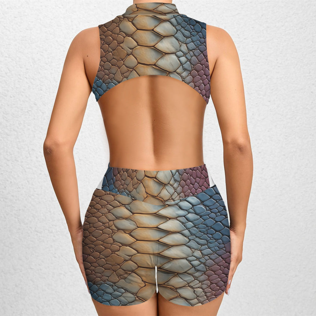 Women's Luxury Scale Print Romper | Sleeveless Zip Front One Piece | Blue & Taupe Resort Outfit | Statement Summer Playsuit