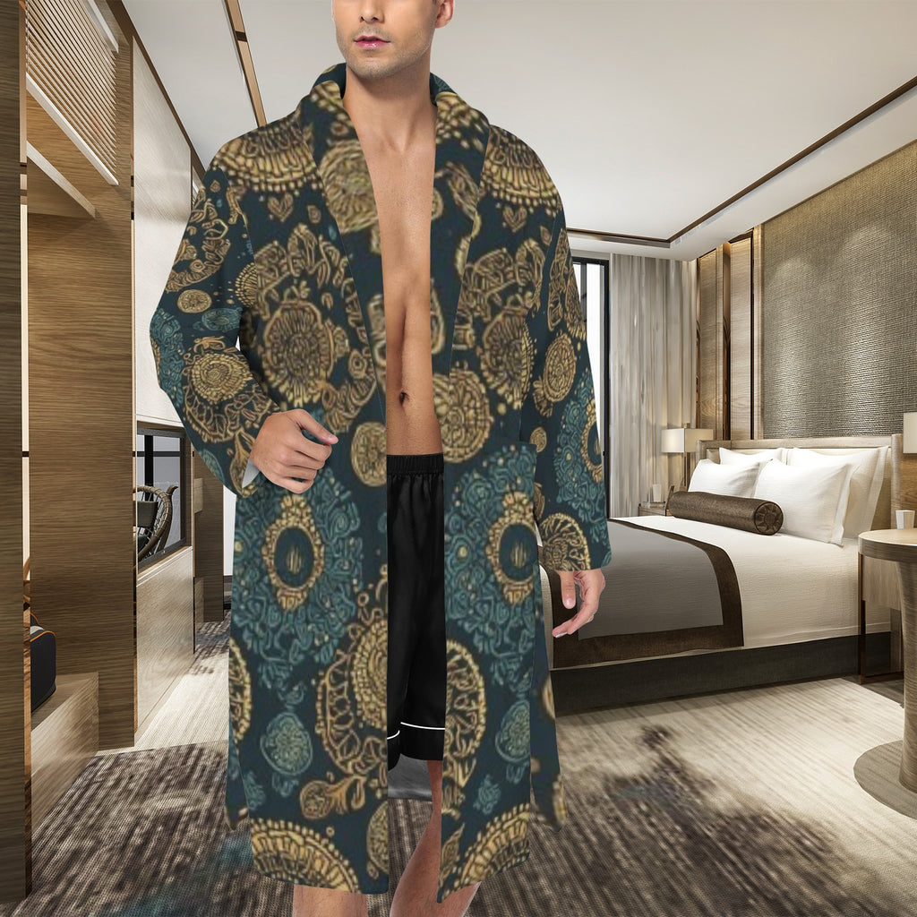 Men's Luxury African Print Robe | Premium Spa Bathrobe | Blue Gold Designer Lounge Robe | Elegant Men's House Coat | Iyalla Designs