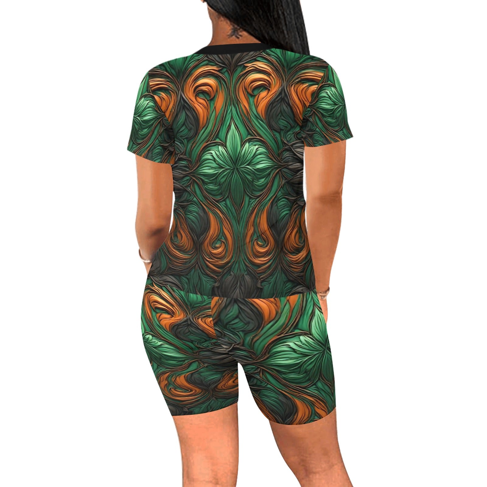 Women's Tropical Green Abstract Romper | Luxury One Piece Short Set | Boho Festival Outfit | Summer Vacation Outfit | Resort Wear | Casual Lounge Set
