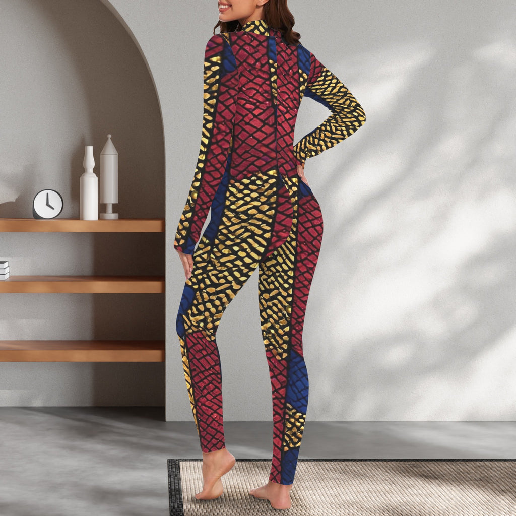 African Print Catsuit | Women's Long Sleeve Jumpsuit | Luxury Bodycon One Piece | Festival Outfit | Statement Fashion | Resort Evening Wear