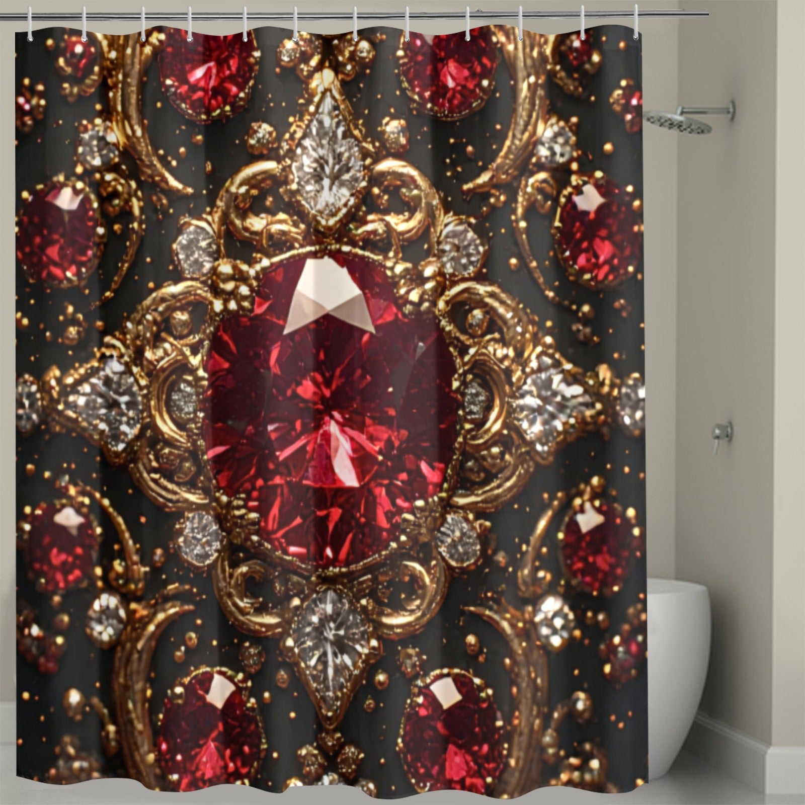 Luxury Ruby Gem Shower Curtain | Gothic Glam Bathroom Decor | Black and Gold Bathroom Curtain | Red Jewel Bath Decor | Baroque Bathroom Accessories