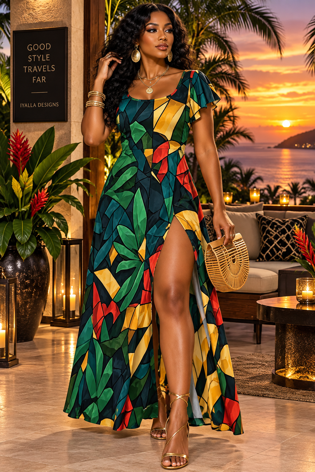 Tropical Print Maxi Dress with Slit, Colorful African Inspired Resort Dress, Green Gold Red Vacation Dress, Women