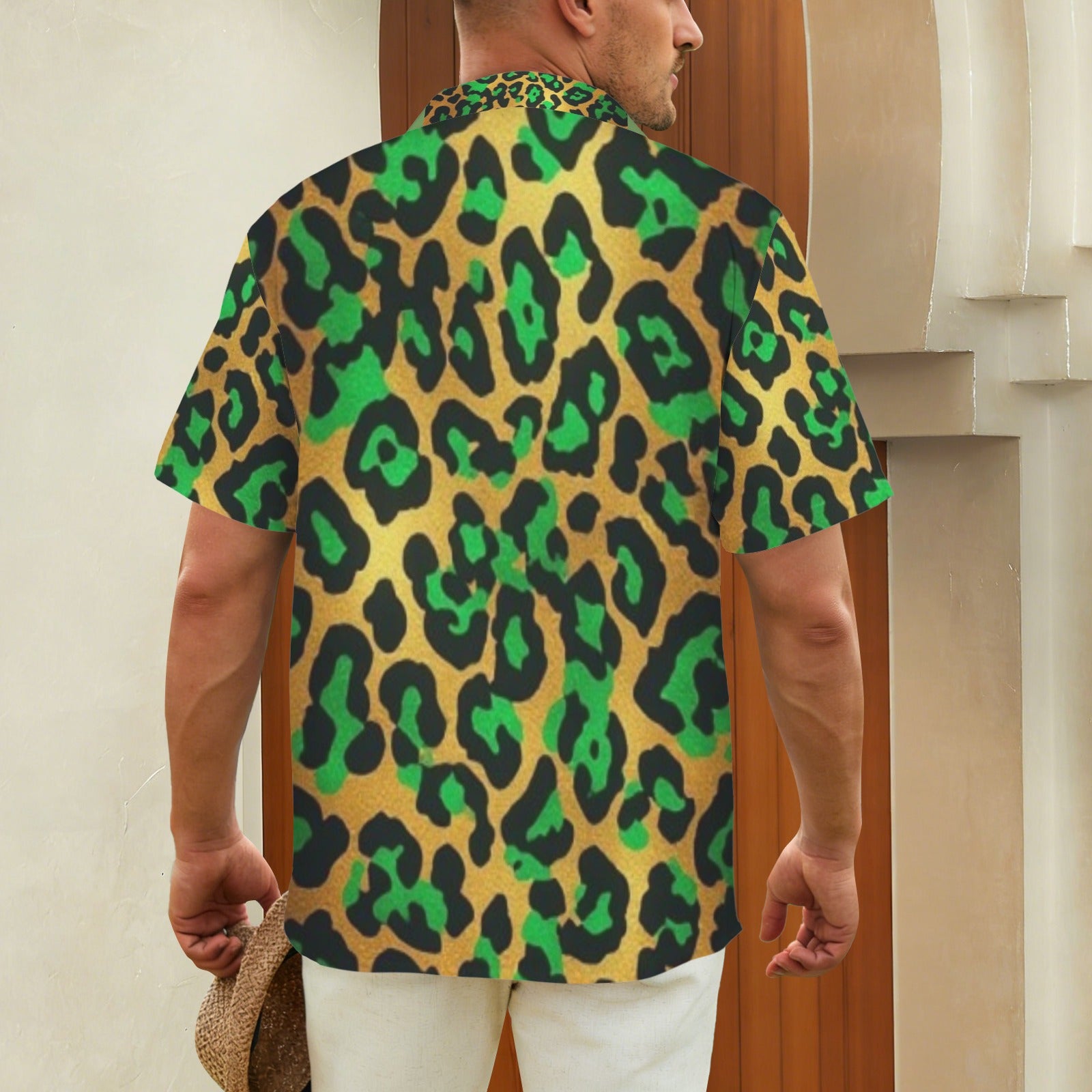 Men's Green Leopard Print Button Down Shirt | Luxury Animal Print Resort Shirt for Men | Tropical Vacation Shirt | Bold Casual Statement Wear