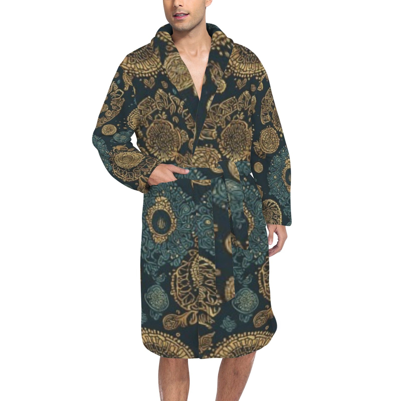 Men's Luxury African Print Robe | Premium Spa Bathrobe | Blue Gold Designer Lounge Robe | Elegant Men's House Coat | Iyalla Designs