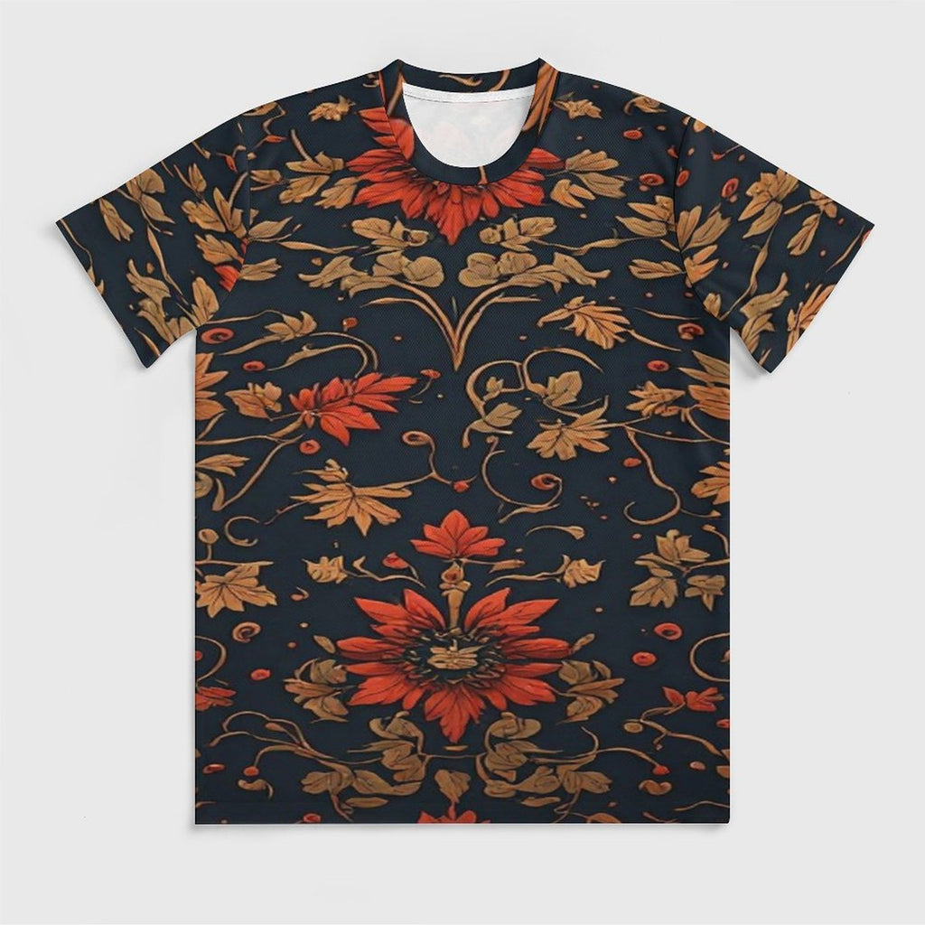 Men’s Floral Print T Shirt, Navy Red Gold Botanical Tee, Artistic Statement Shirt, Luxury Casual Fall Shirt for Men