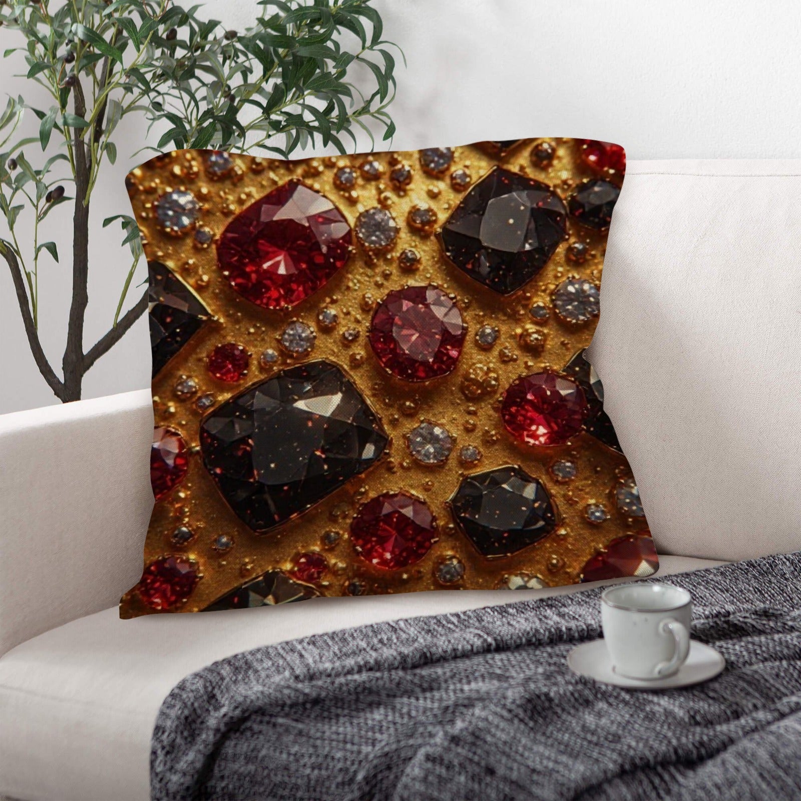 Ruby Royale Luxury Throw Pillow | Ruby and Black Diamond Accent Cushion | Gold Gem Decorative Pillow | Glam Living Room Decor | Luxury Home Accessories