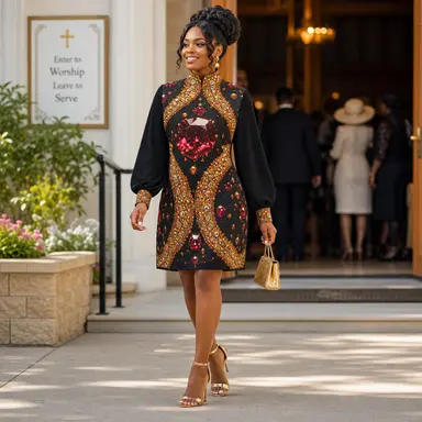 Esther Ruby Luxury Dress | Elegant Church Dress for Women | Black and Gold Statement Dress | Sunday Best Fashion | Women's Special Occasion Dress