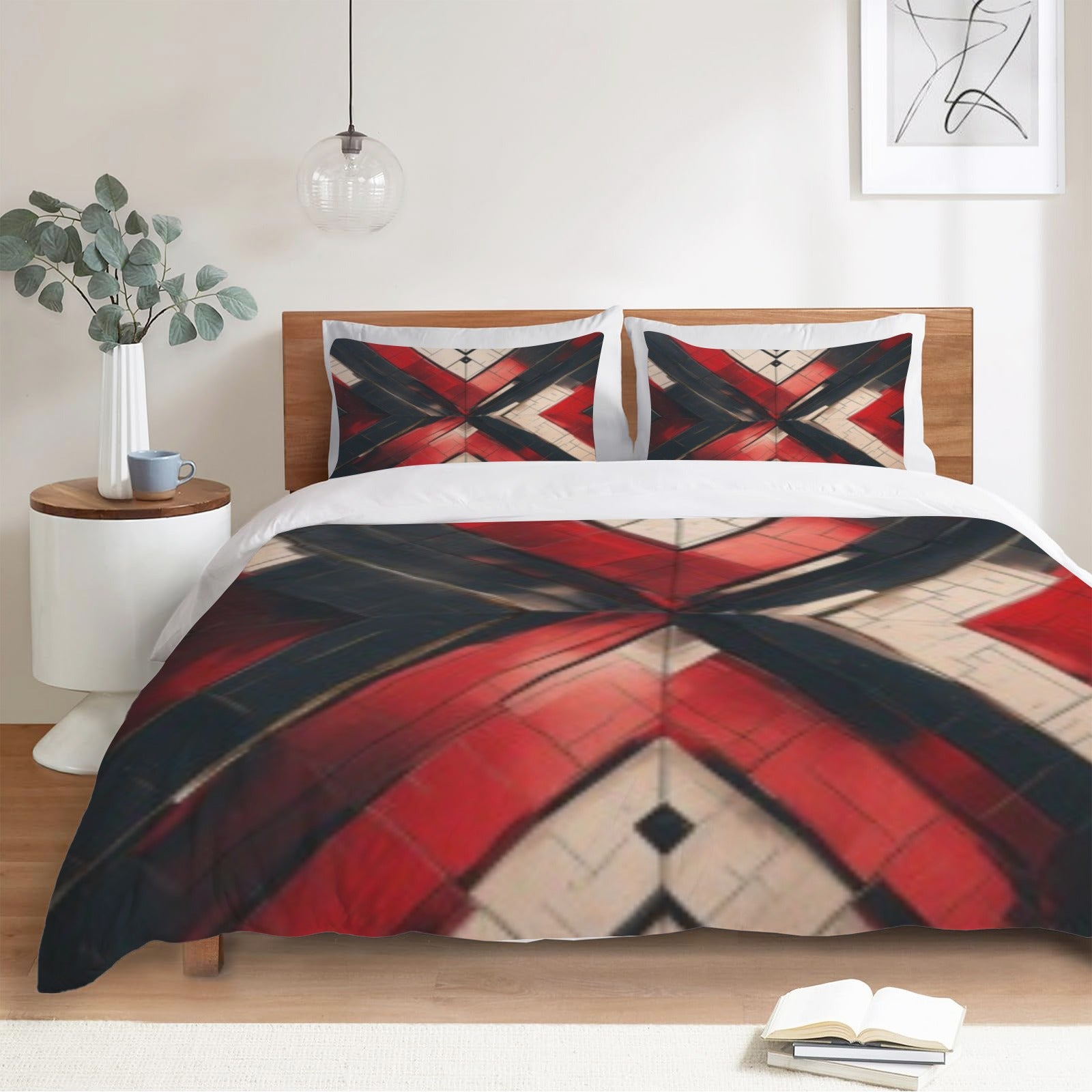 Luxury Geometric Duvet Cover Set | Modern Red Black Beige Bedding | Rustic Contemporary Bedroom Decor | King Queen Twin Bedding | Iyalla Designs