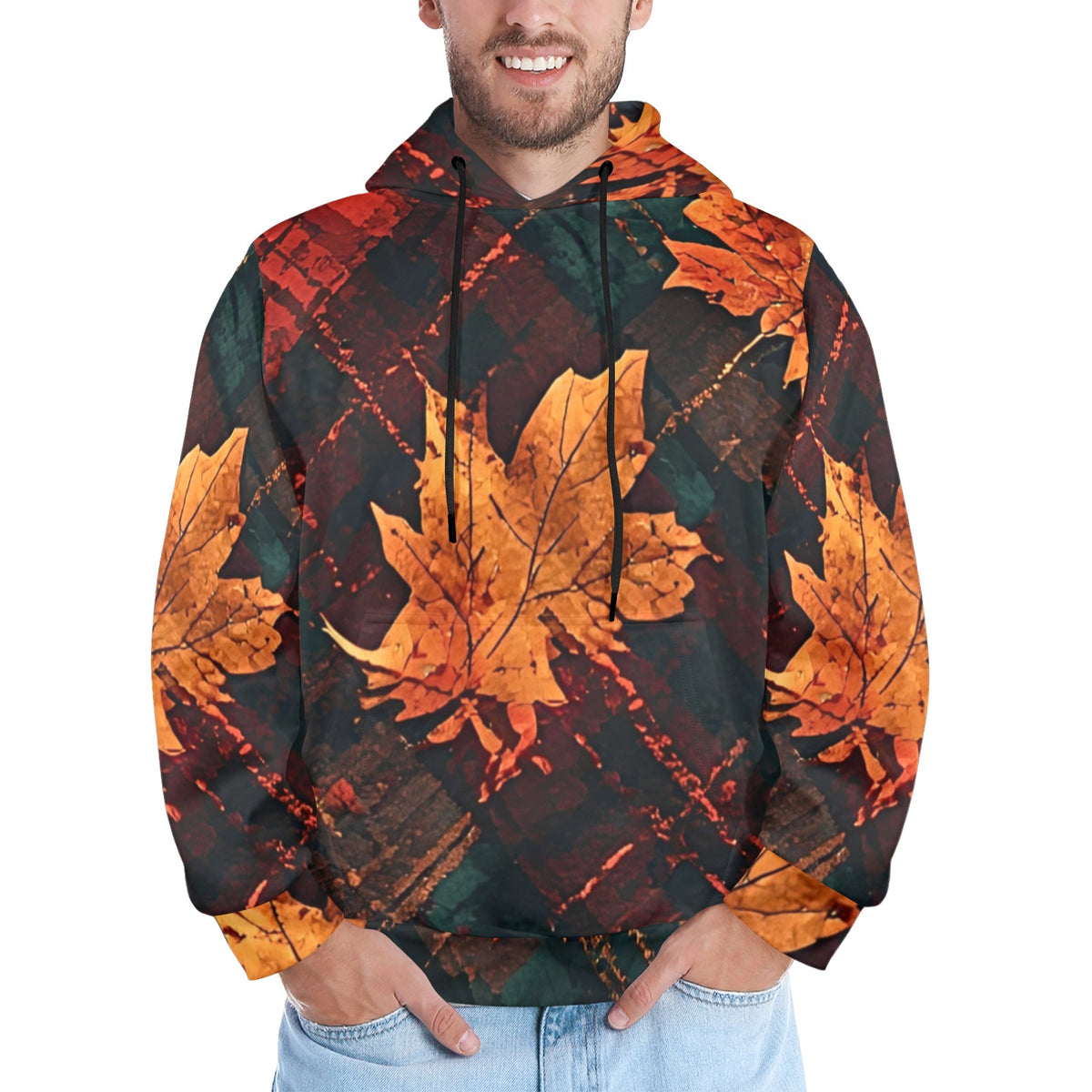 Men’s Fall Leaf Hoodie, Autumn Print Pullover Sweatshirt, Dark Green Orange Hoodie, Artistic Fall Streetwear, Men’s Statement Hoodie