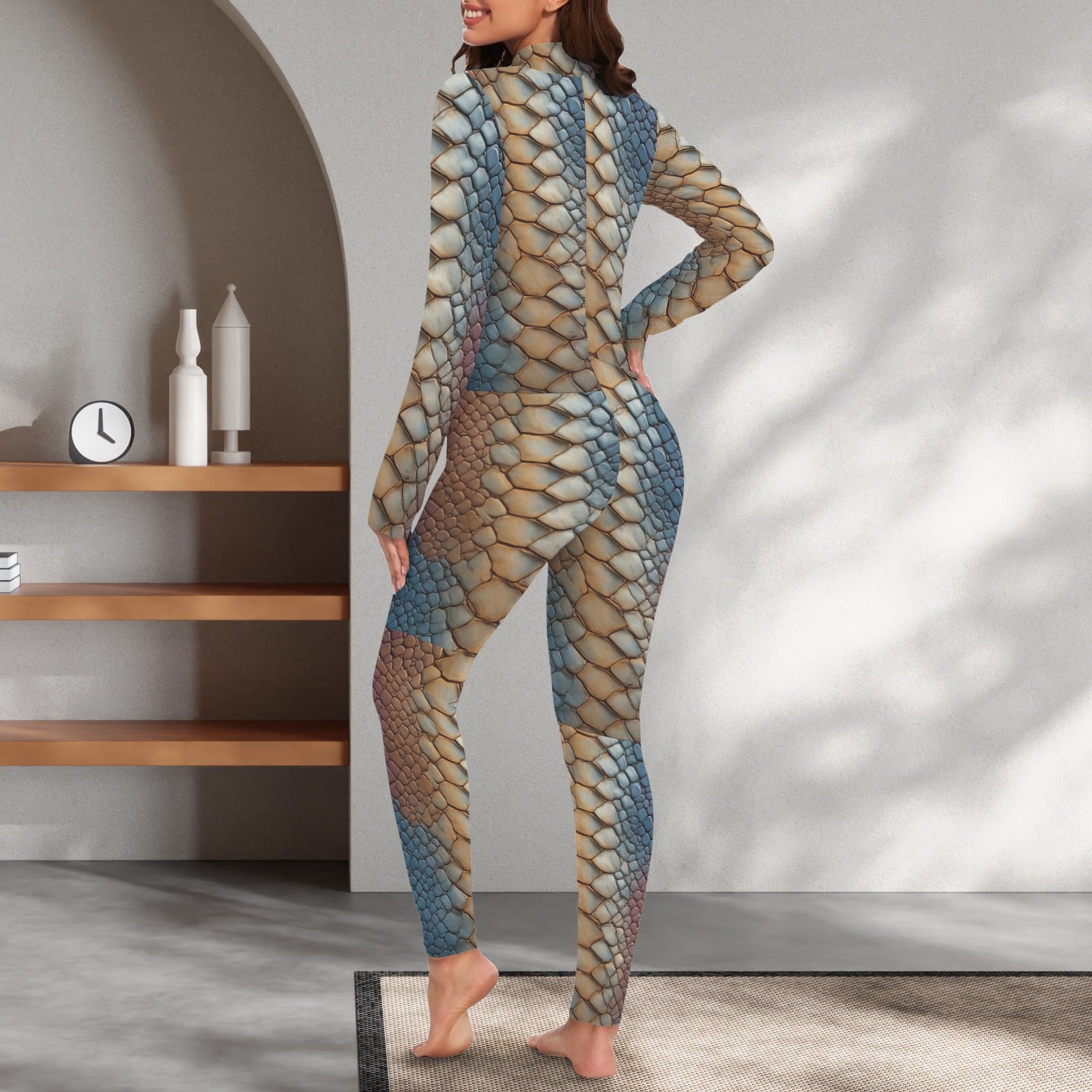 Luxury Snakeskin Catsuit | Women's Bodycon Jumpsuit | Gold & Blue One Piece | Long Sleeve Statement Outfit | Resort Evening Wear | Designer Fashion