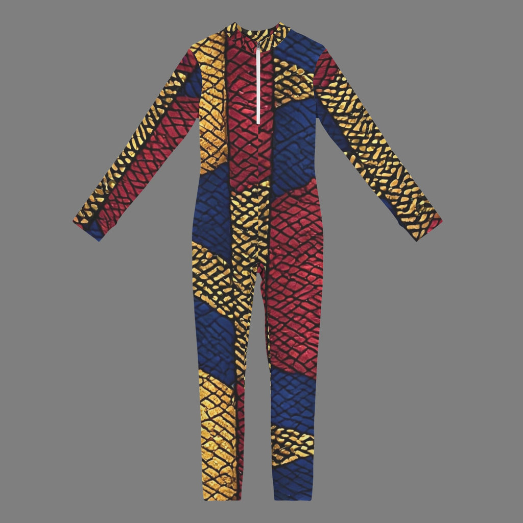 African Print Catsuit | Women's Long Sleeve Jumpsuit | Luxury Bodycon One Piece | Festival Outfit | Statement Fashion | Resort Evening Wear