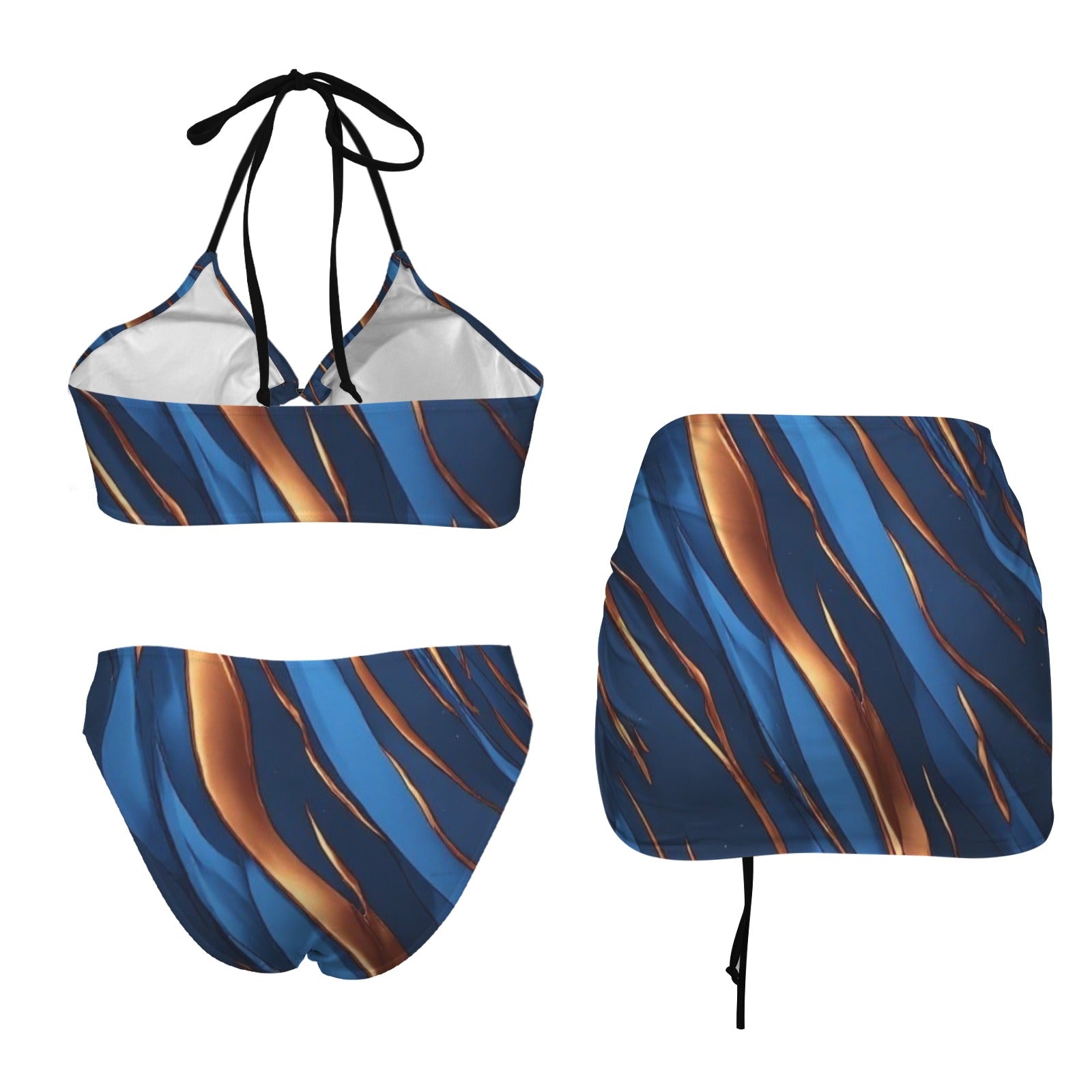 Blue Gold Short Set for Women | Luxury Three Piece Lounge Set | Abstract Resort Wear | Women's Summer Outfit | Vacation Matching Set | Biker Shorts Set