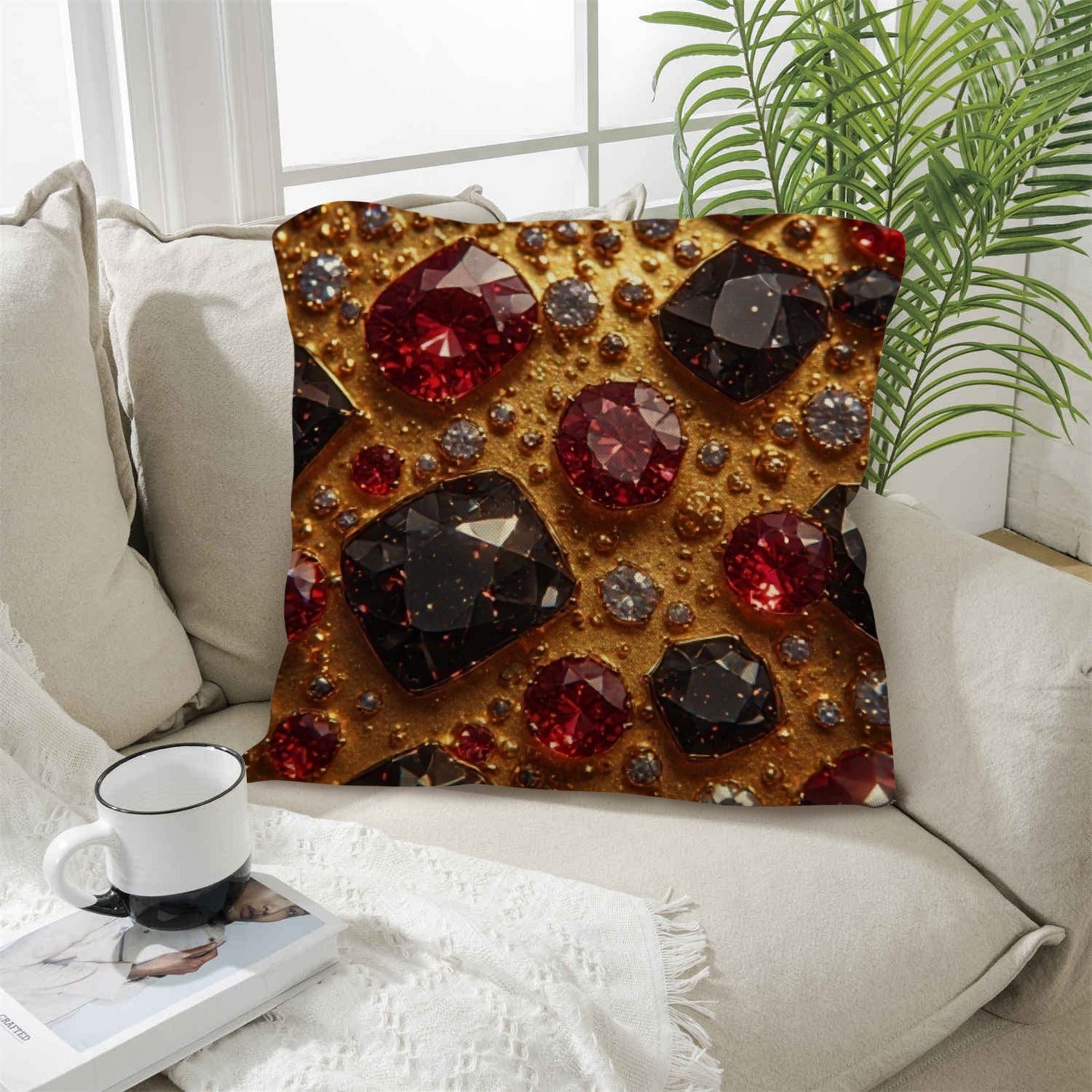 Ruby Royale Luxury Throw Pillow | Ruby and Black Diamond Accent Cushion | Gold Gem Decorative Pillow | Glam Living Room Decor | Luxury Home Accessories