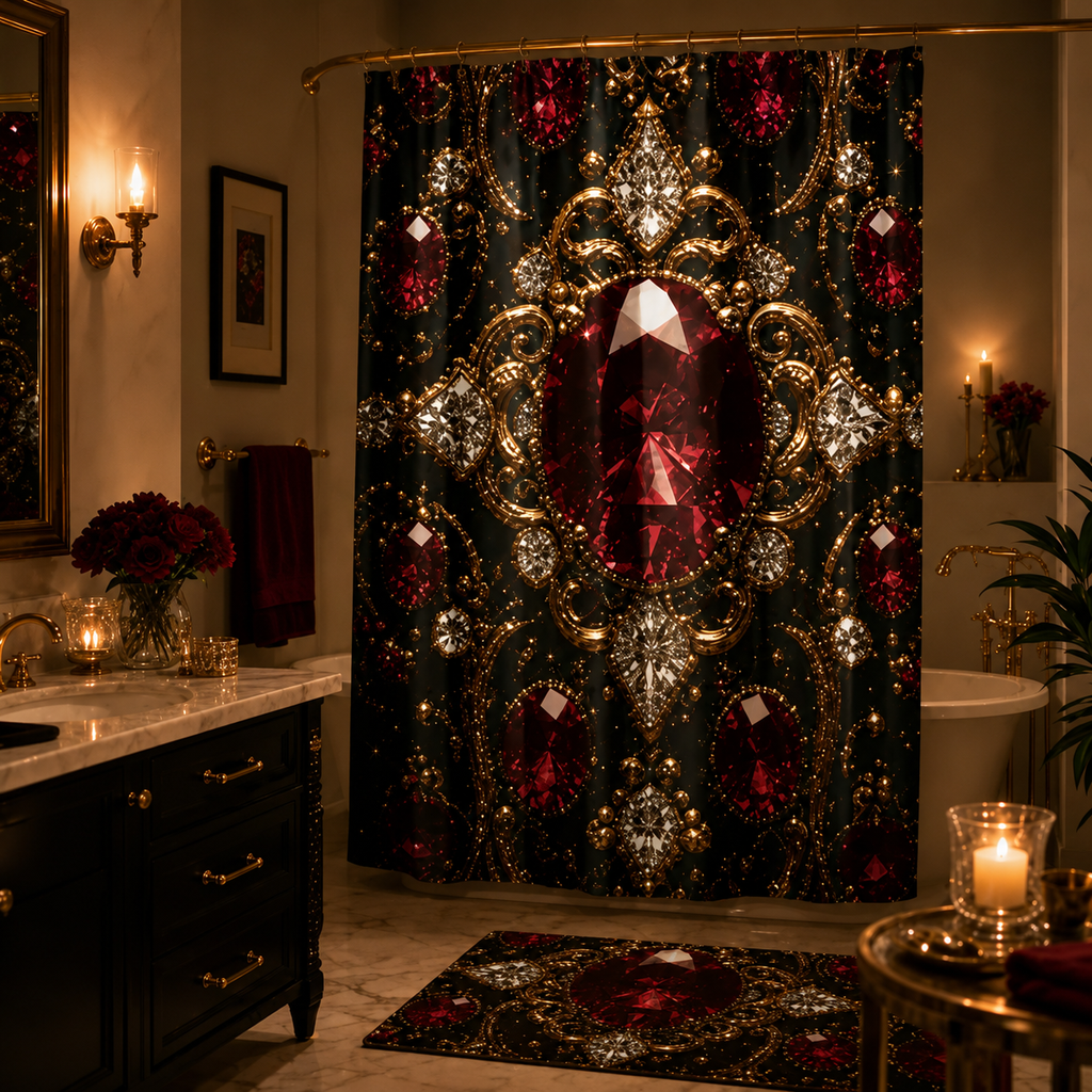 Luxury Ruby Gem Shower Curtain | Gothic Glam Bathroom Decor | Black and Gold Bathroom Curtain | Red Jewel Bath Decor | Baroque Bathroom Accessories