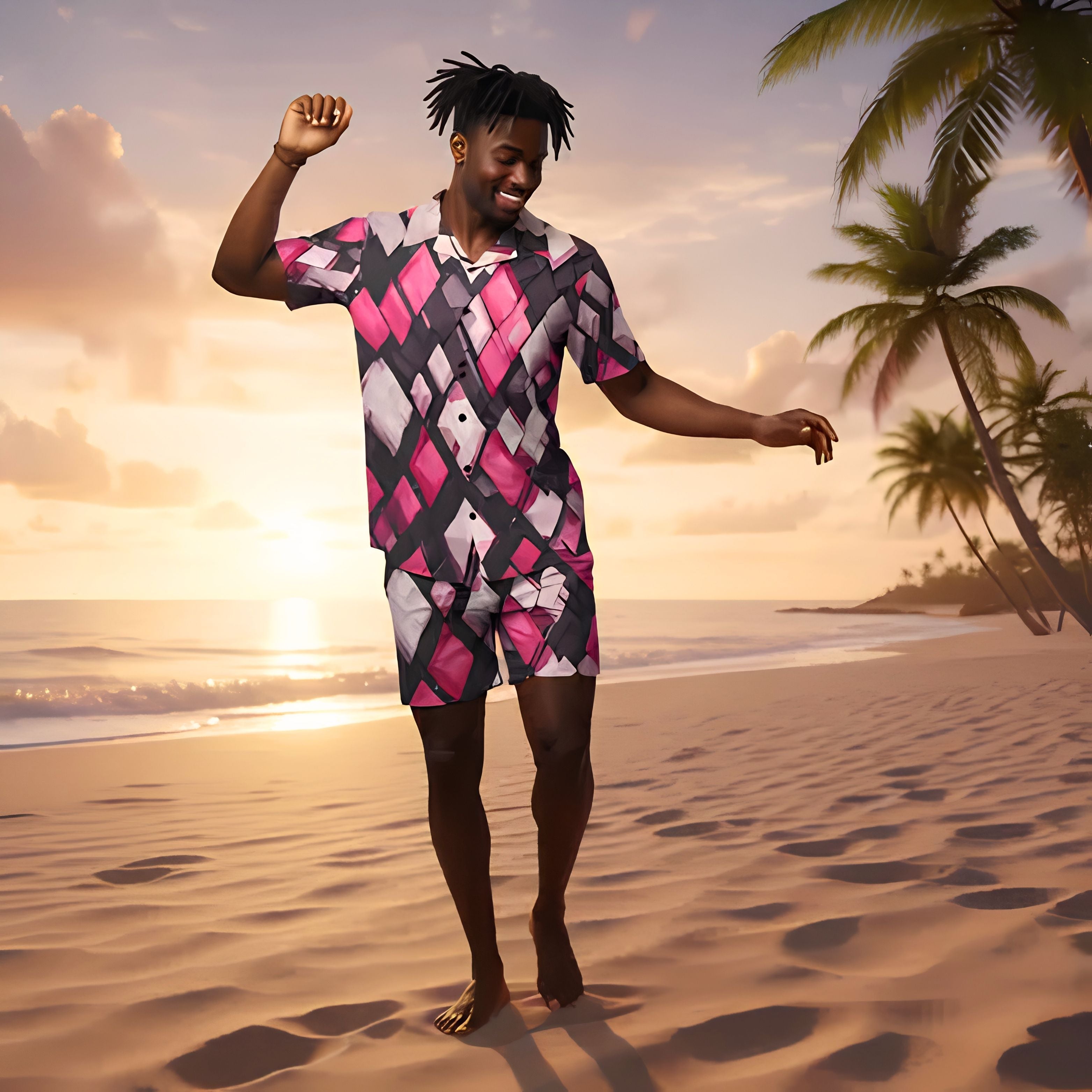 Men's Pink Geometric Matching Set, Tropical Vacation Outfit for Men, Summer Beach Shirt and Shorts Set, Resort Wear Co Ord Set, Cruise Outfit
