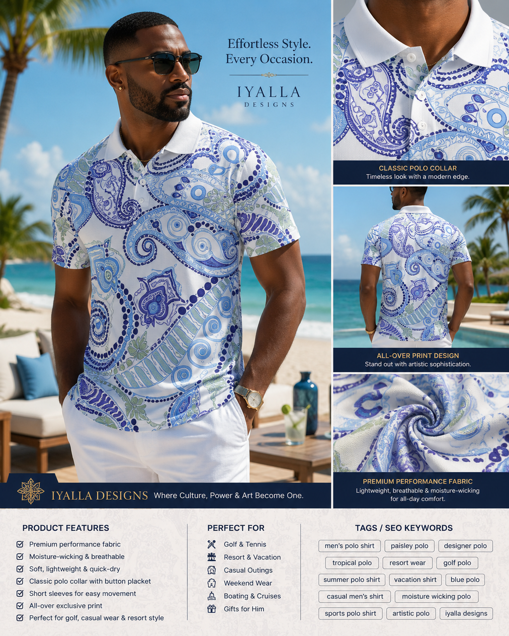 Men's Luxury Paisley Polo Shirt | Blue & White Designer Golf Shirt | Resort Performance Polo | Casual Summer Shirt | Iyalla Designs
