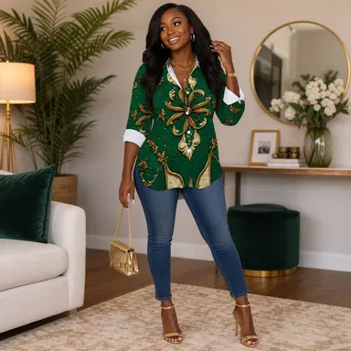 Emerald Luxe Ornamental Blouse | Elegant Women's Button Down Shirt | Luxury Boho Fashion Top | Statement Green Blouse | Iyalla Designs