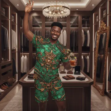 Men's Green Baroque Shirt and Shorts Set | Luxury Resort Matching Set | Tropical Vacation Outfit | Emerald Gold Summer Co-Ord | Black Excellence Style