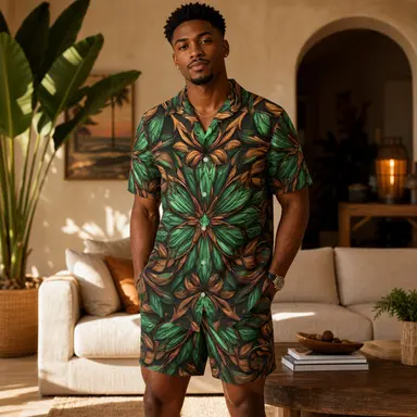 Jacob Emerald Resort Set | Luxury Men's Matching Shirt and Shorts Set | Tropical Vacation Outfit | Emerald Bronze Summer Co-Ord Set | Resort Wear