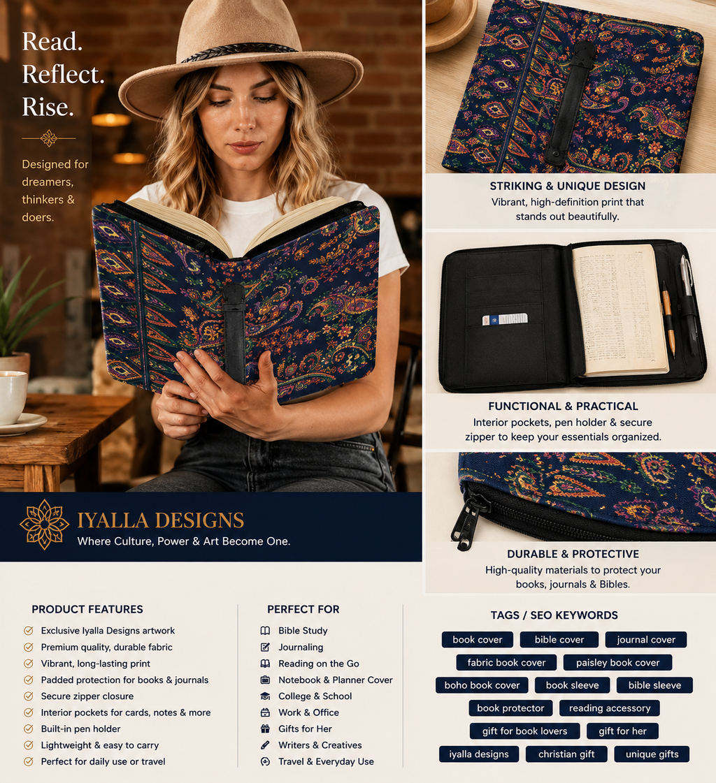 Luxury Paisley Book Cover | Bible Cover with Zipper | Journal & Planner Organizer | Fabric Book Sleeve | Iyalla Designs