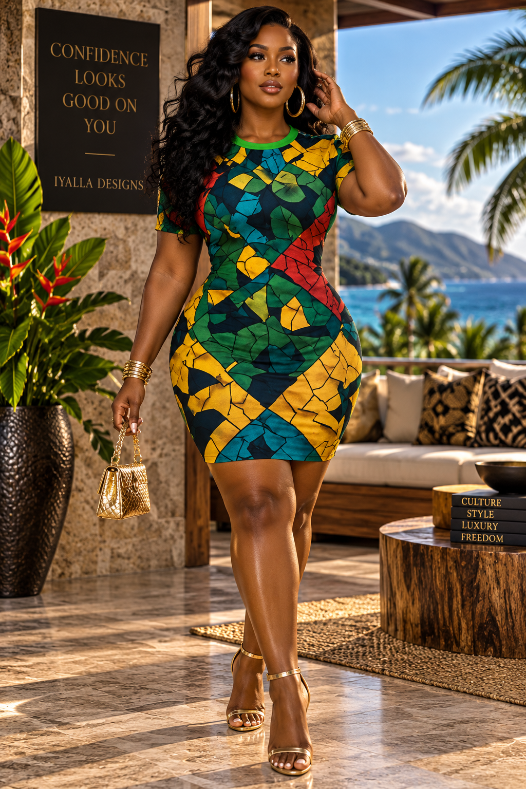 Colorful African Print Bodycon Dress, Green Gold Tropical Mini Dress, Women’s Fitted Vacation Dress, Bold Geometric Statement Dress