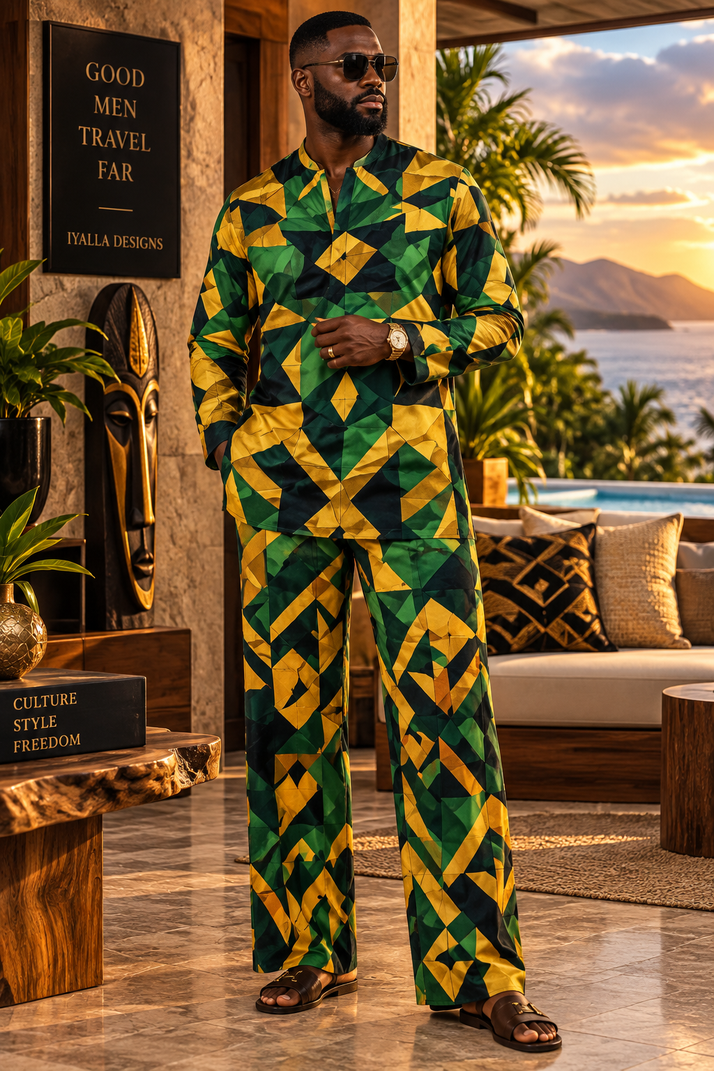 Men’s Green Gold African Print Two Piece Set, Geometric Shirt and Wide Leg Pants, Luxury Resort Outfit, Cultural Vacation Wear for Men
