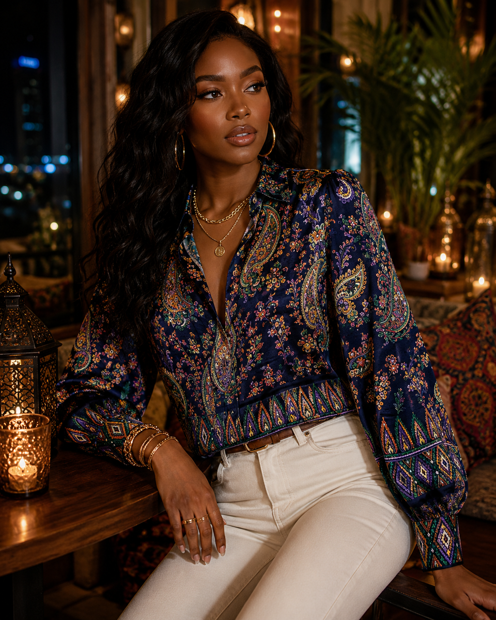 Indigo Manor Paisley Satin Blouse | Luxury Boho Button Down Shirt | Women's Elegant Long Sleeve Top | Boutique Resort Wear | Iyalla Designs
