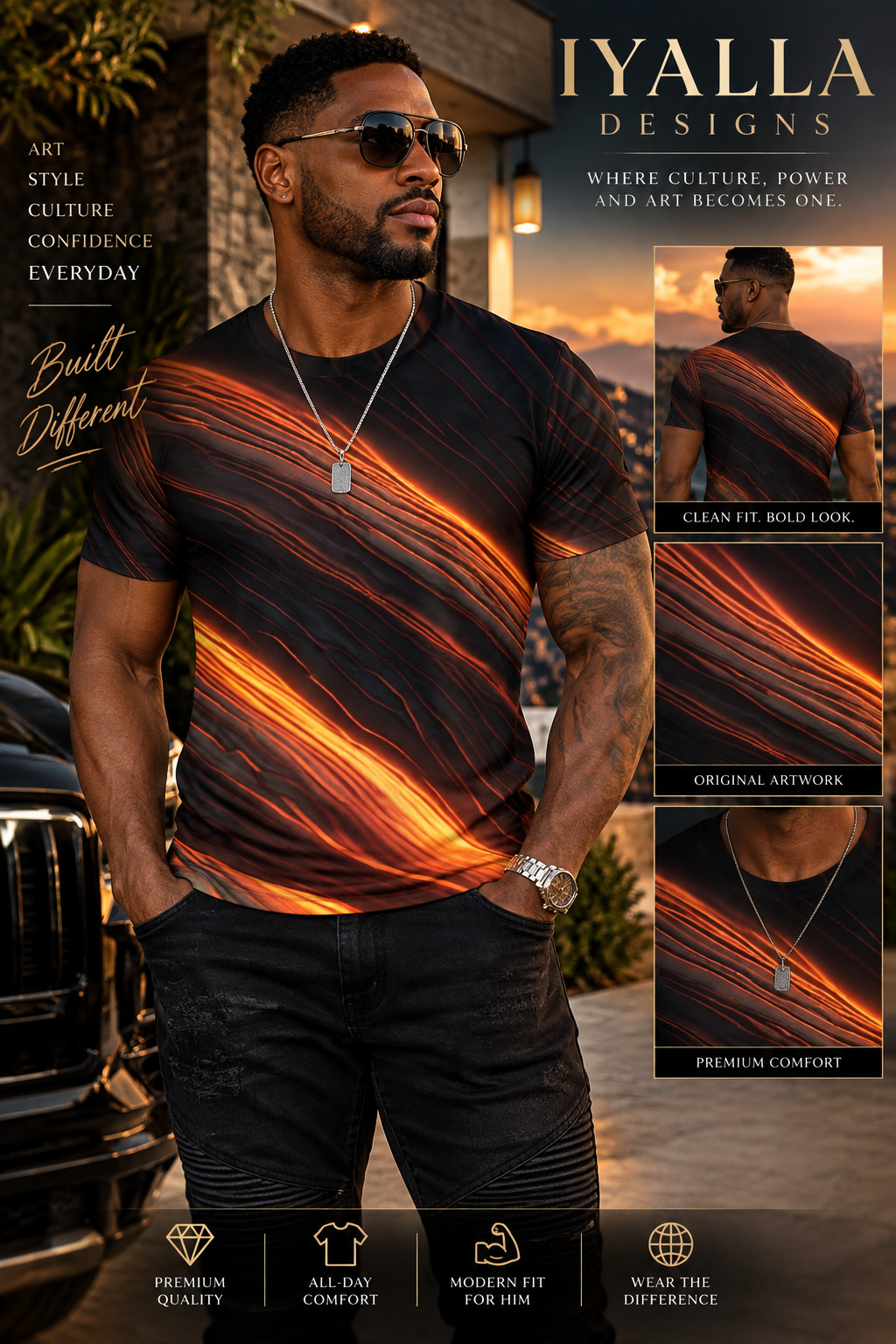 Men’s Abstract Print T Shirt, Black Gold Orange Graphic Tee, Artistic Statement Shirt, Modern Casual T Shirt for Men