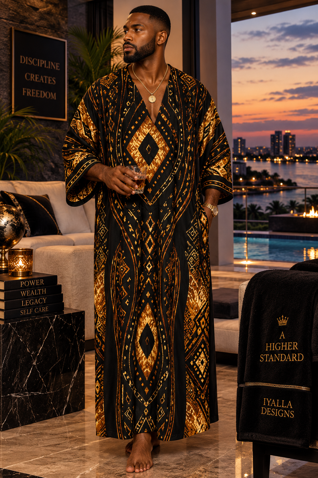 Khalil Black Gold African Inspired Kaftan, Luxury Men’s Robe, African Print Long Robe, Men’s Statement Loungewear, Cultural Wear
