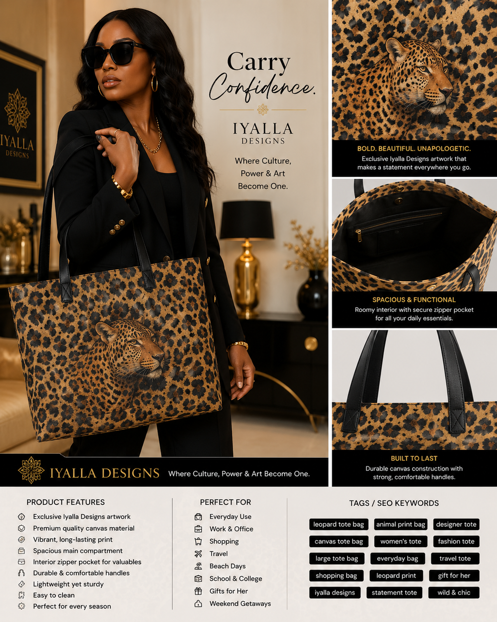 Luxury Leopard Print Tote Bag | Designer Canvas Shoulder Bag | Large Women's Fashion Tote | Everyday Travel Handbag | Iyalla Designs
