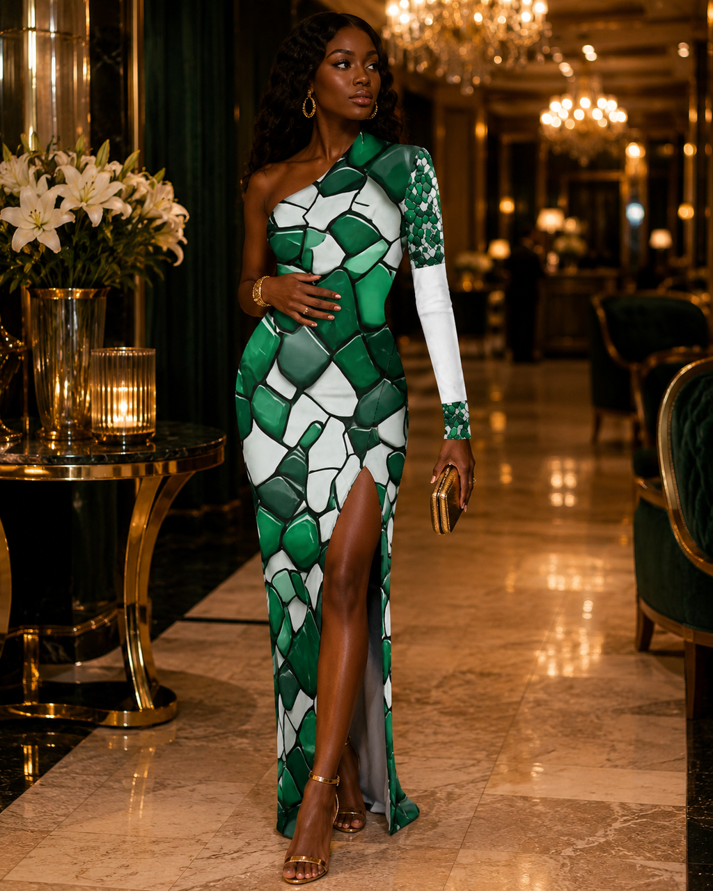 Emerald Mosaic One Shoulder Maxi Dress | Green Luxury Evening Dress | Asymmetrical Slit Dress | Wedding Guest Dress | Elegant Resort Dress for Women
