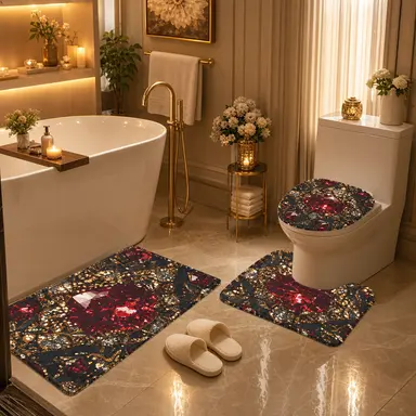 Luxury Ruby Bathroom Mat Set | Gothic Glam Bath Rugs | Red Jewel Bathroom Decor | Black Gold Bath Mat Set | Baroque Bathroom Accessories