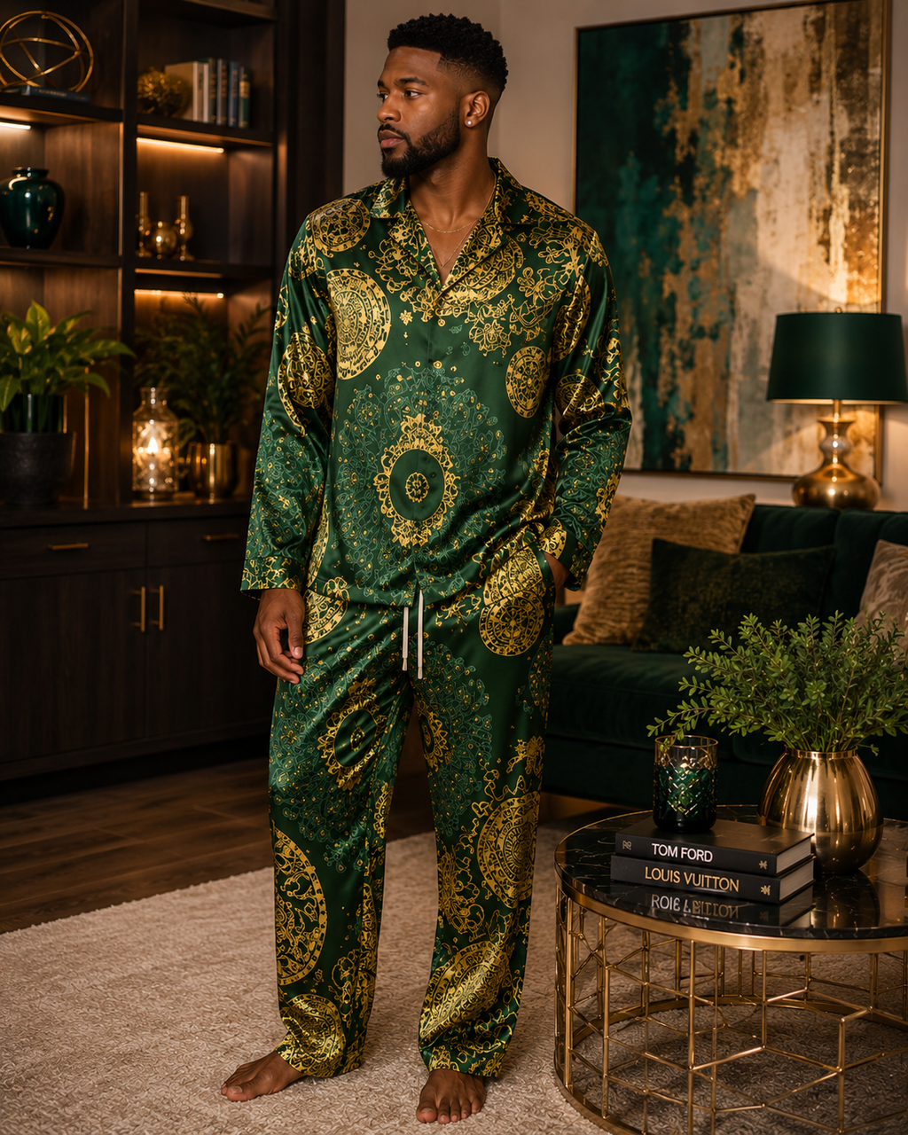 Men's Luxury Satin Pajama Set | Black & Gold Baroque Loungewear | Long Sleeve Button Up Sleepwear | Designer Men's Pajamas | Iyalla Designs