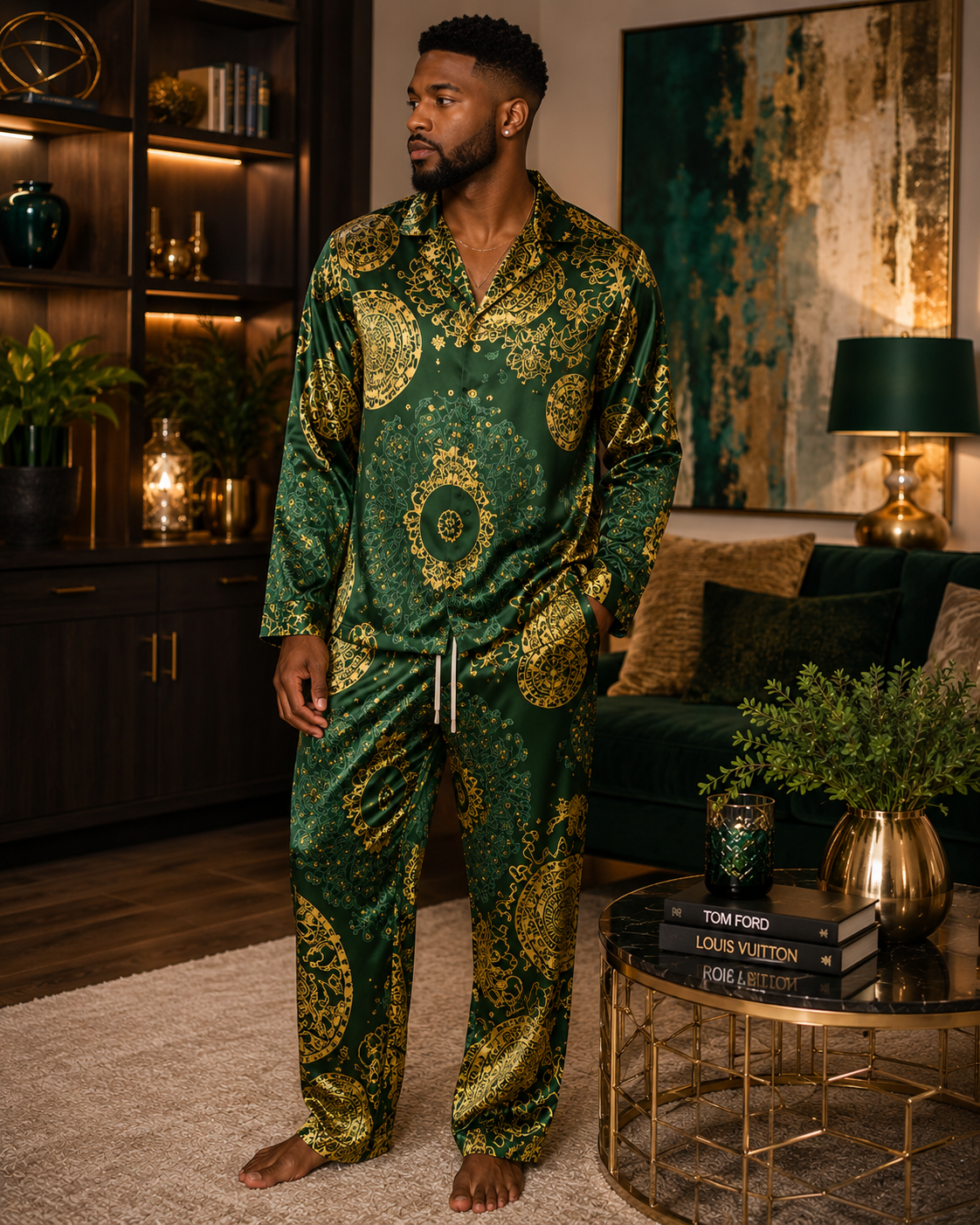 Men's Luxury Satin Pajama Set | Black & Gold Baroque Loungewear | Long Sleeve Button Up Sleepwear | Designer Men's Pajamas | Iyalla Designs